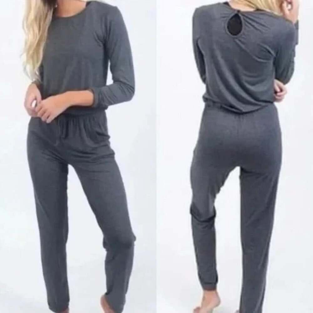 Zyia Active Size Medium Gray Athleisure Loungewear Stretch Long Sleeve Jumpsuit